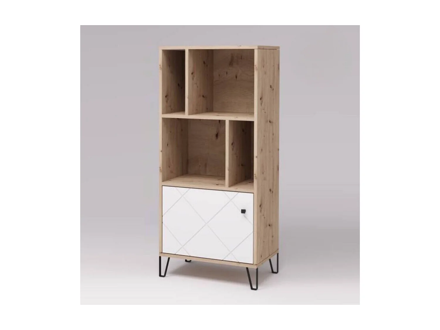 Estantería de Diseño Moderno | 1 Puerta con Relieves Geométricos | Material Laminado Sintético y DM | Patas Metálicas Negras | Color Roble Artisan y B