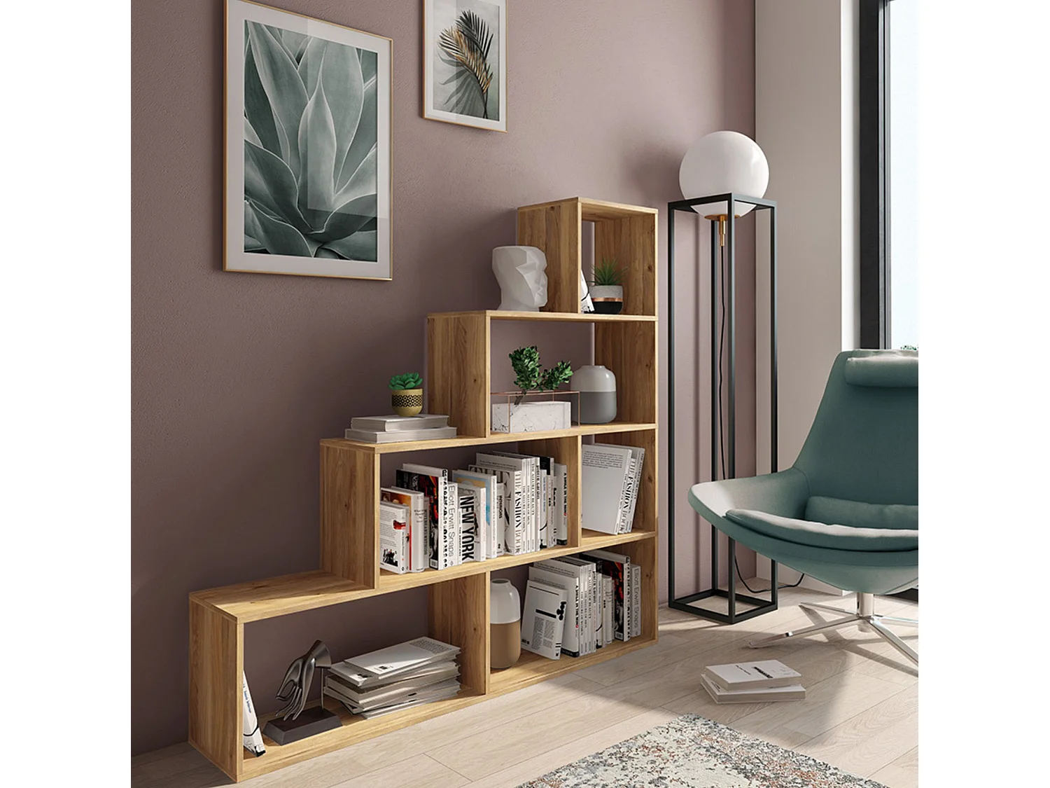 Meyvaser Librería Estantería con cuatro baldas Color Mauvella Tipo escalera de Madera 143,3x37,5-144,9x27,9 cm
