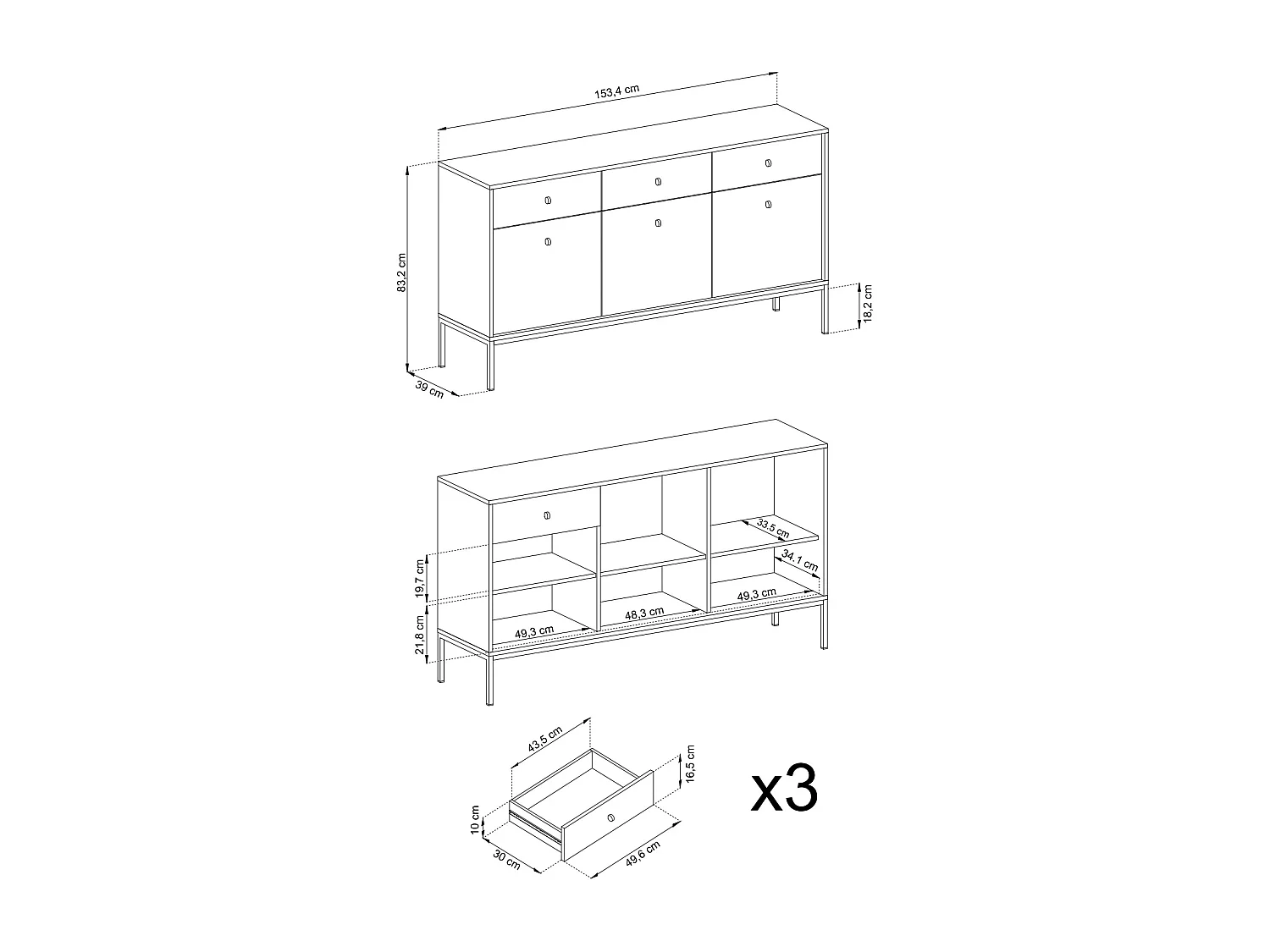 Commode : bleu marine, 153,4 x 83 x 39 cm, pieds noires