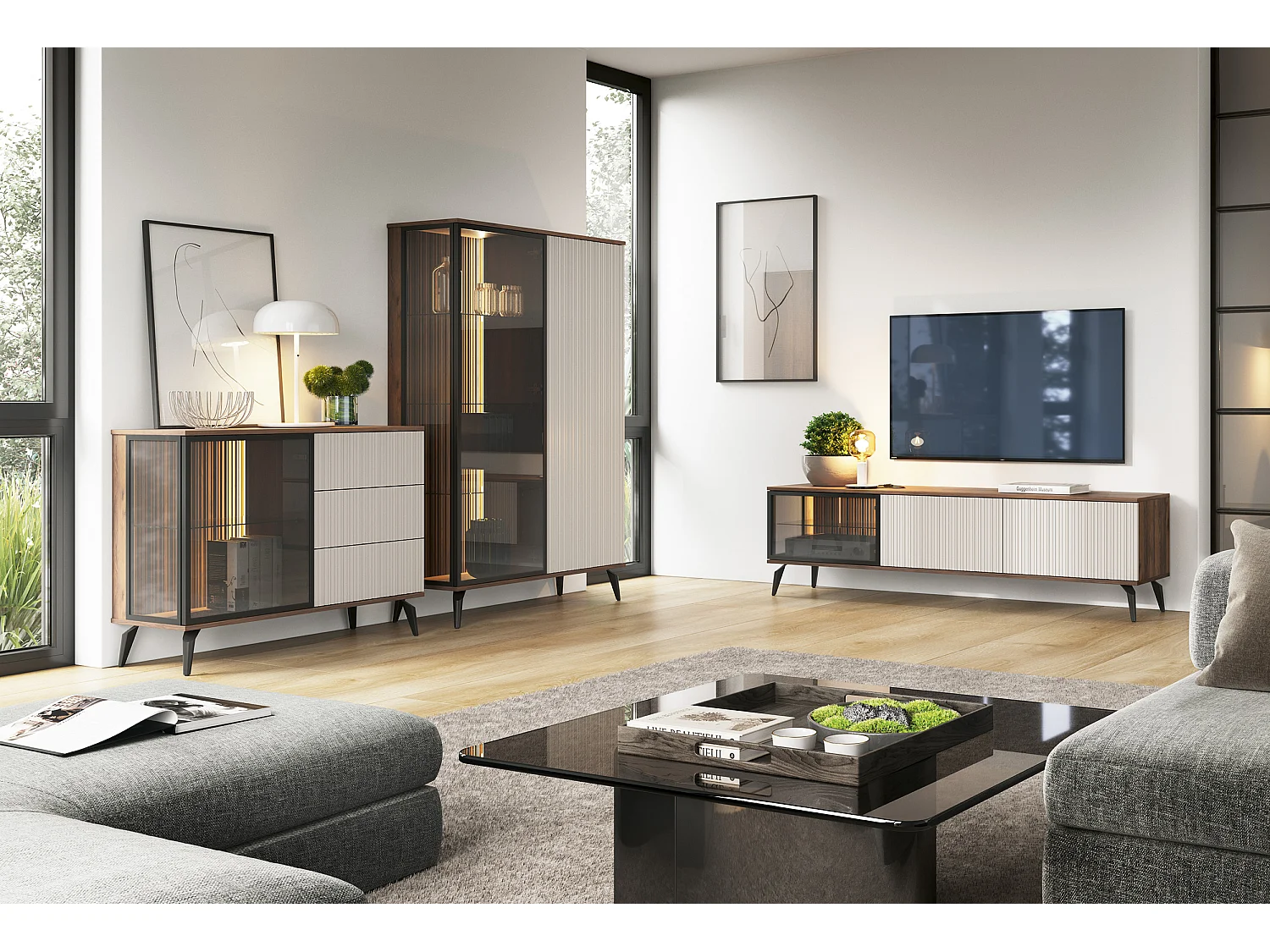 Vitrine, Kaschmir/Warmianischer Nussbaum, 103 x 162 x 39 cm