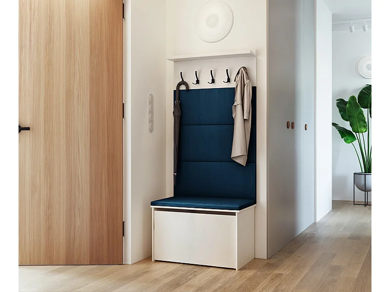 Zapatero con Asiento Color Blanco, Paneles Tapizados Color Azul y Perchero de Pared – 5 Ganchos, 4 Paneles con Velcro, Diseño Práctico 192x73x40 cm