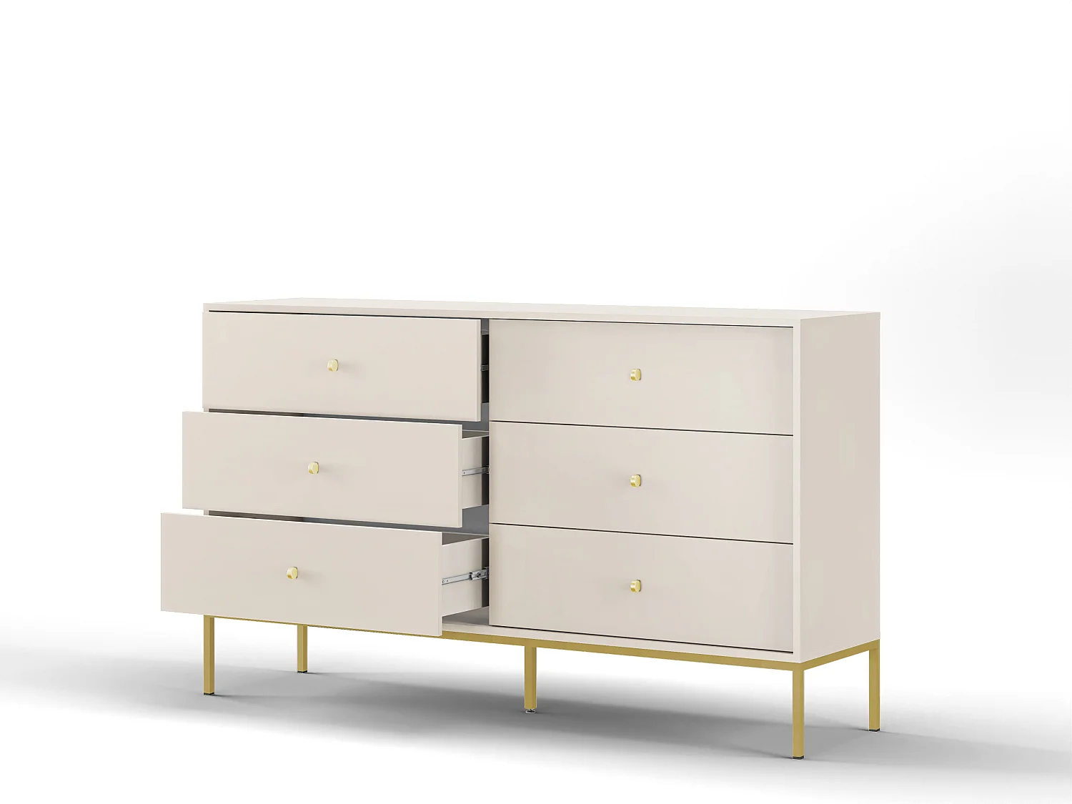 Commode : beige sable, 154 x 83 x 39 cm, pieds dorées