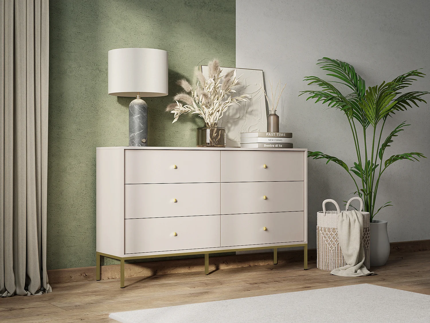 Commode : beige sable, 154 x 83 x 39 cm, pieds dorées