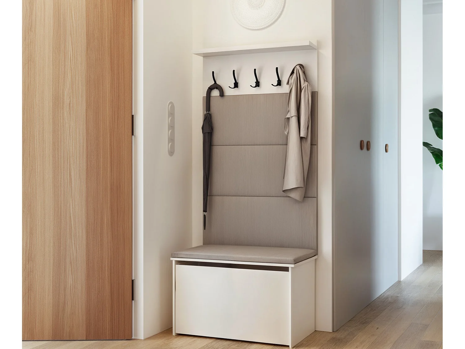 Zapatero con Asiento Color Blanco, Paneles Tapizados Color Gris y Perchero de Pared – 5 Ganchos, 4 Paneles con Velcro, Diseño Práctico 192x73x40 cm