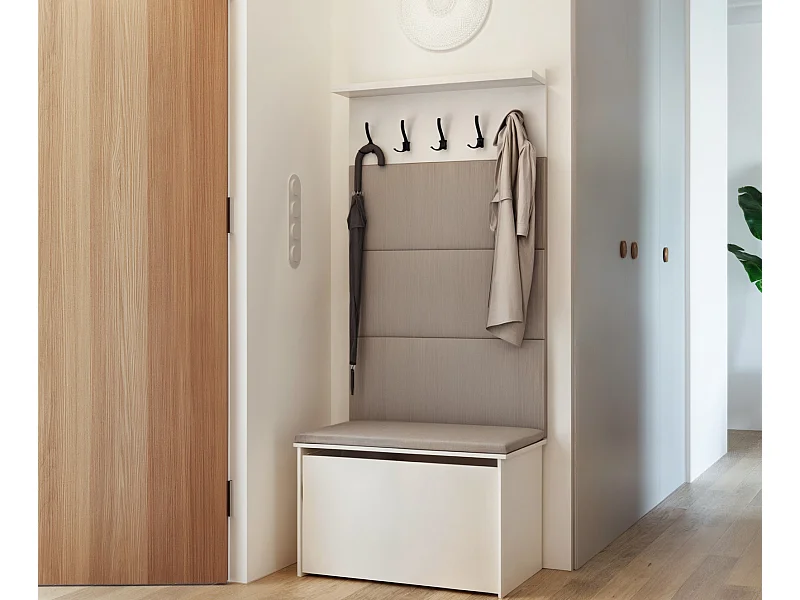 Zapatero con Asiento Color Blanco, Paneles Tapizados Color Gris y Perchero de Pared – 5 Ganchos, 4 Paneles con Velcro, Diseño Práctico 192x73x40 cm