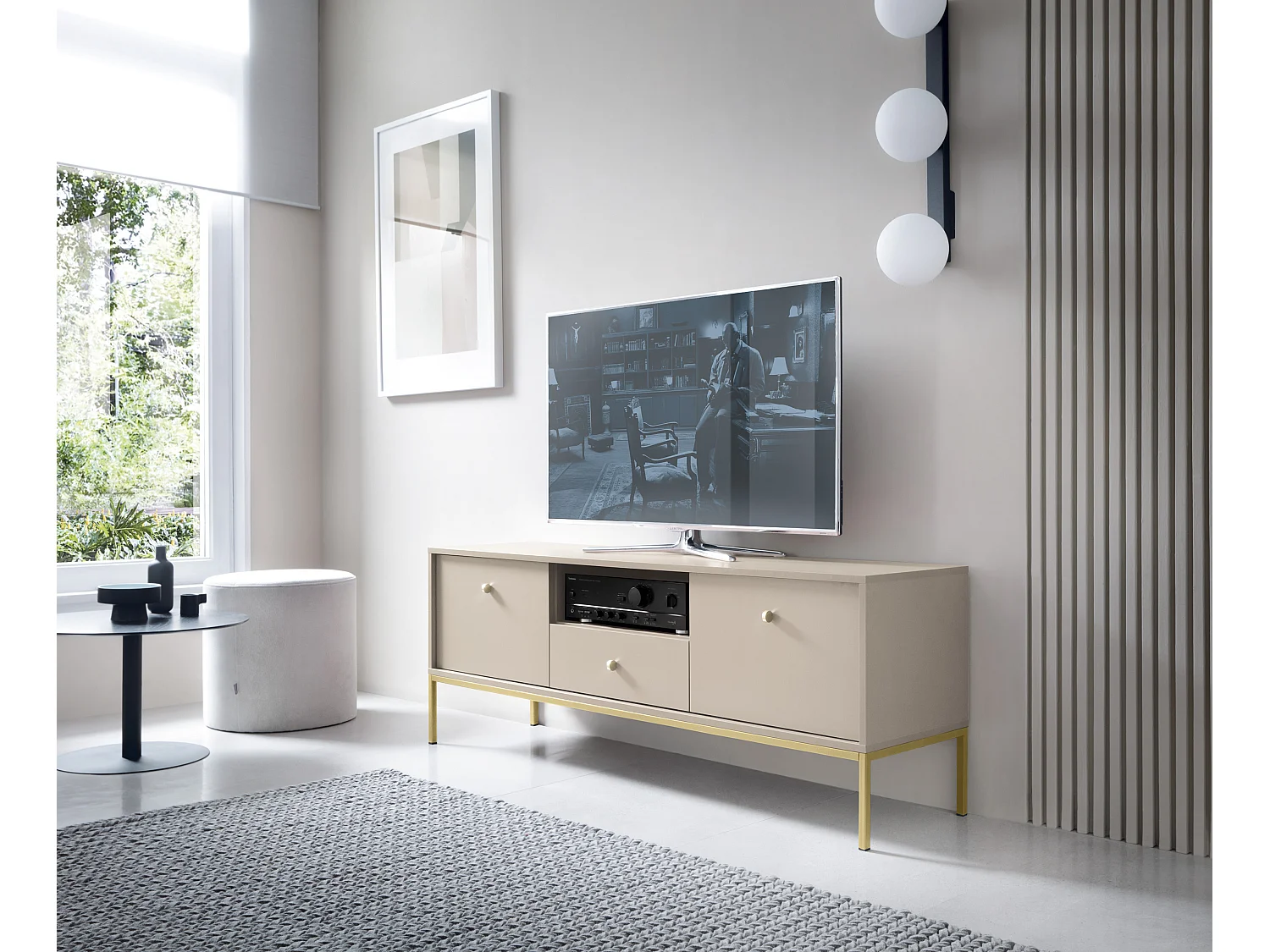 Mueble de TV, beige arena, 153,4 x 56,2 x 39 cm, patas doradas