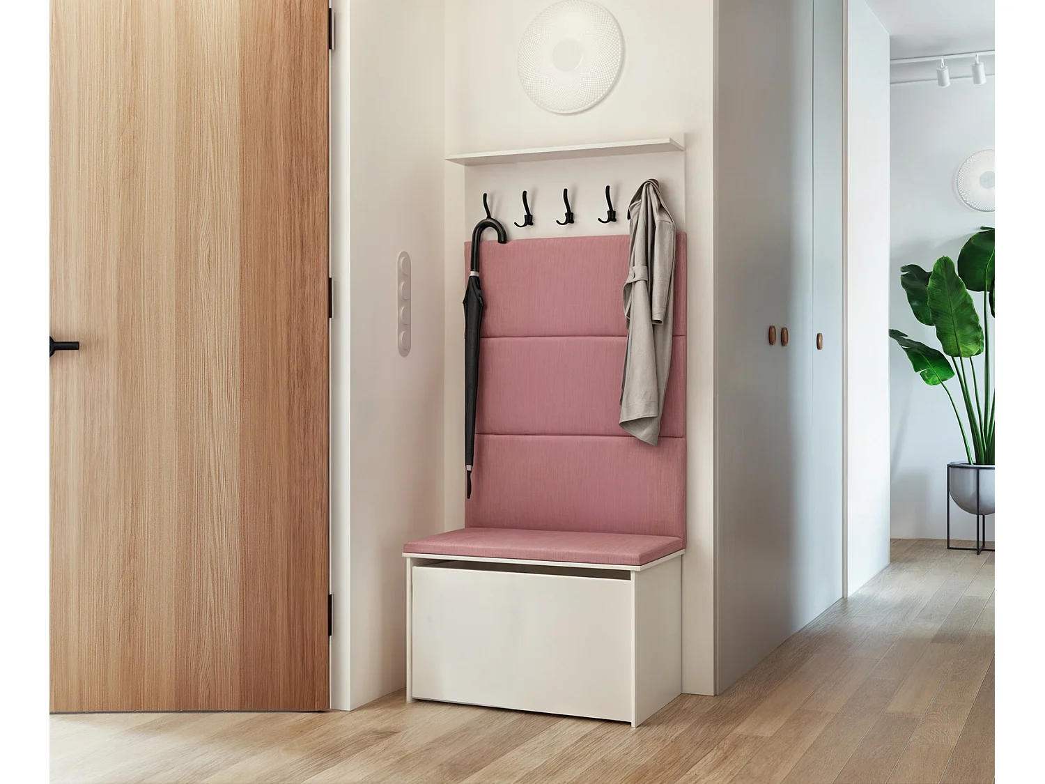 Zapatero con Asiento Color Blanco, Paneles Tapizados Color Rosa y Perchero de Pared – 5 Ganchos, 4 Paneles con Velcro, Diseño Práctico 192x73x40 cm