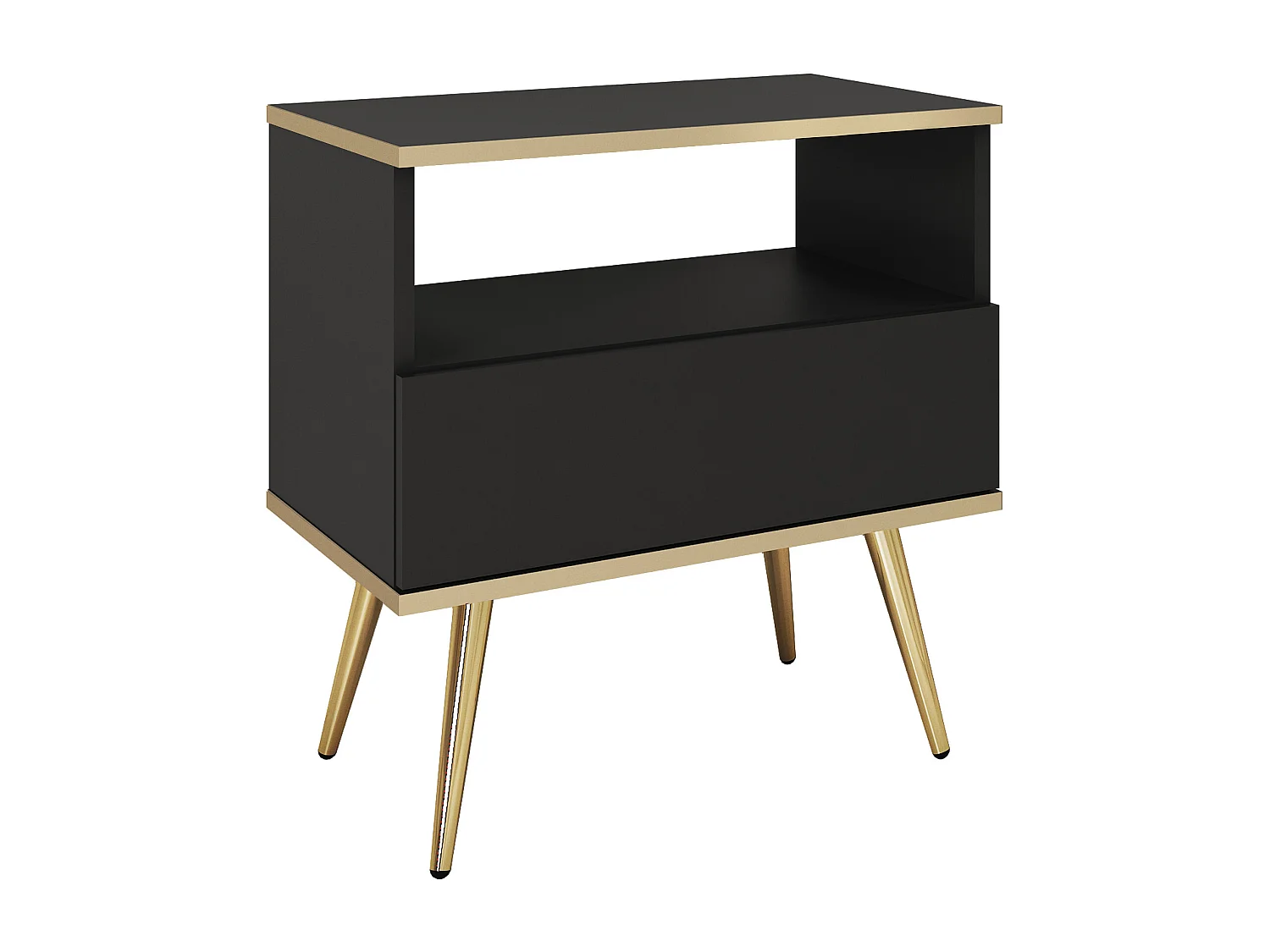 Nachttisch: Schwarz, goldene Beine, 54 x 59 x 39 cm, glatte Fronten