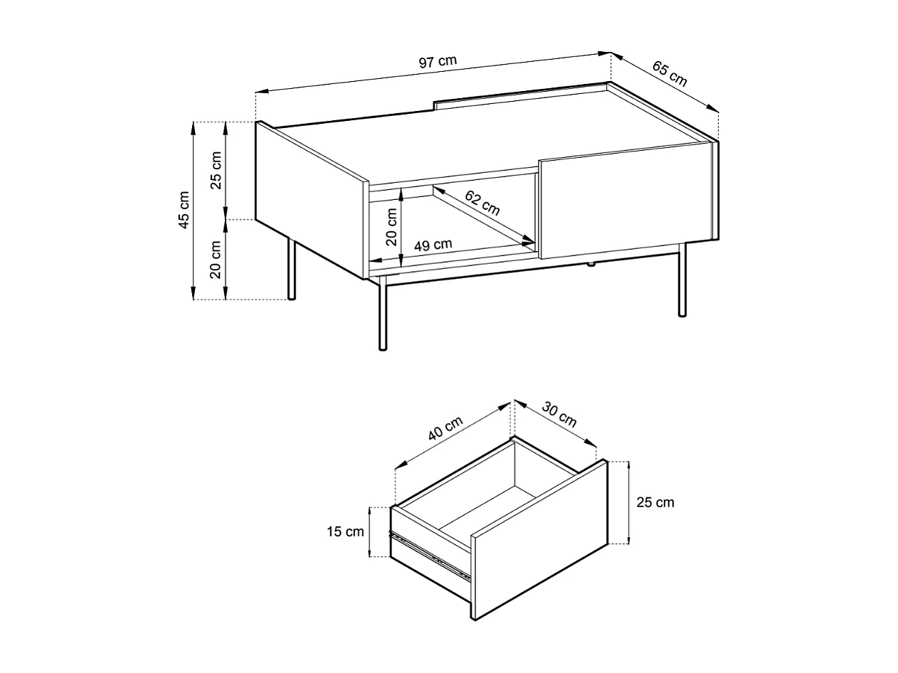Mesa de centro, Cachemira, TOP: roble, Linea, 97 x 45 x 65 cm