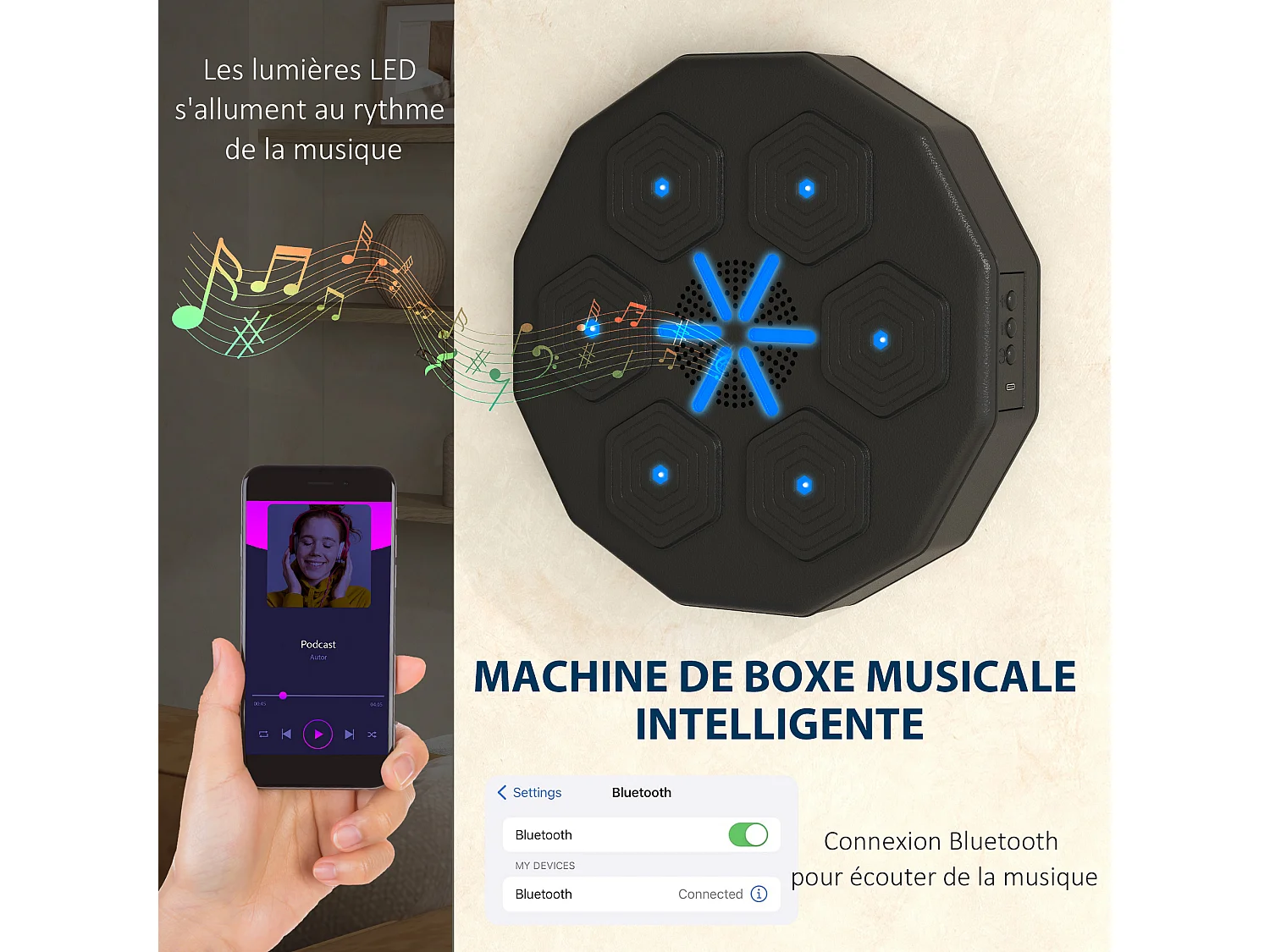 Machine de boxe musicale murale avec lumières - connexion bluetooth, charge USB - noir