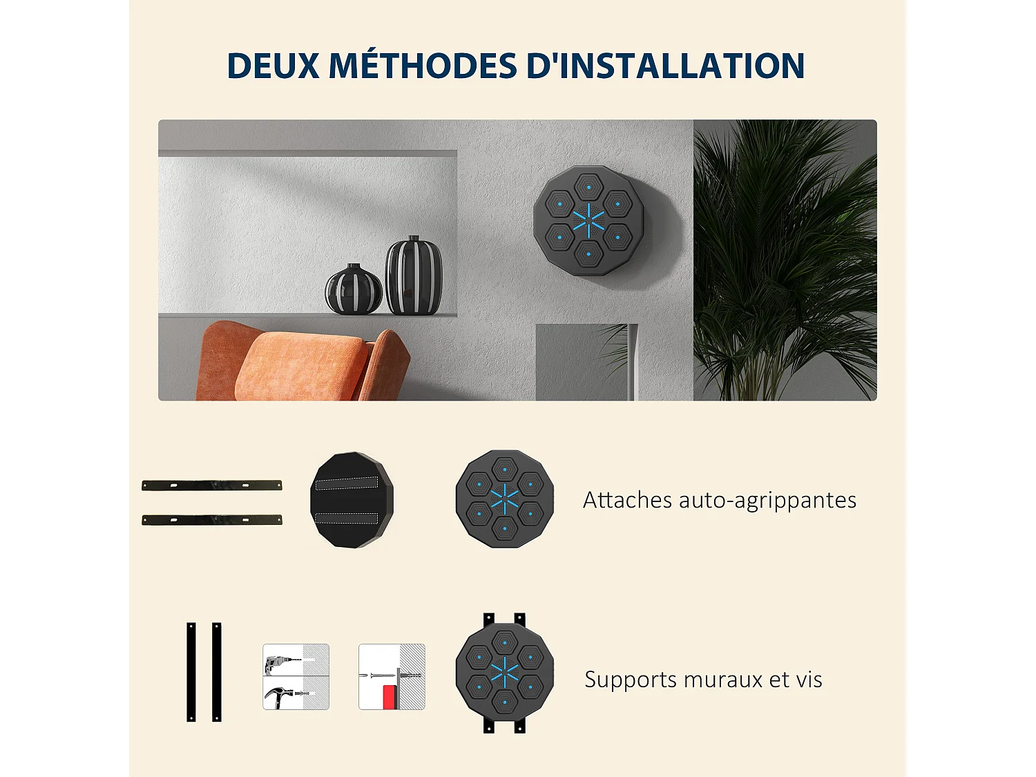 Machine de boxe musicale murale avec lumières - connexion bluetooth, charge USB - noir