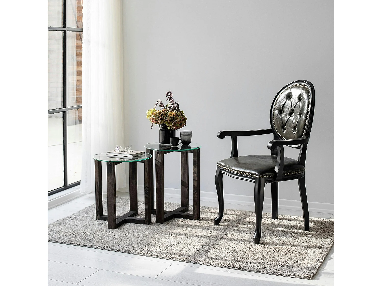 Table gigogne ronde - verre et bois gris (lot de 2) ANZIO