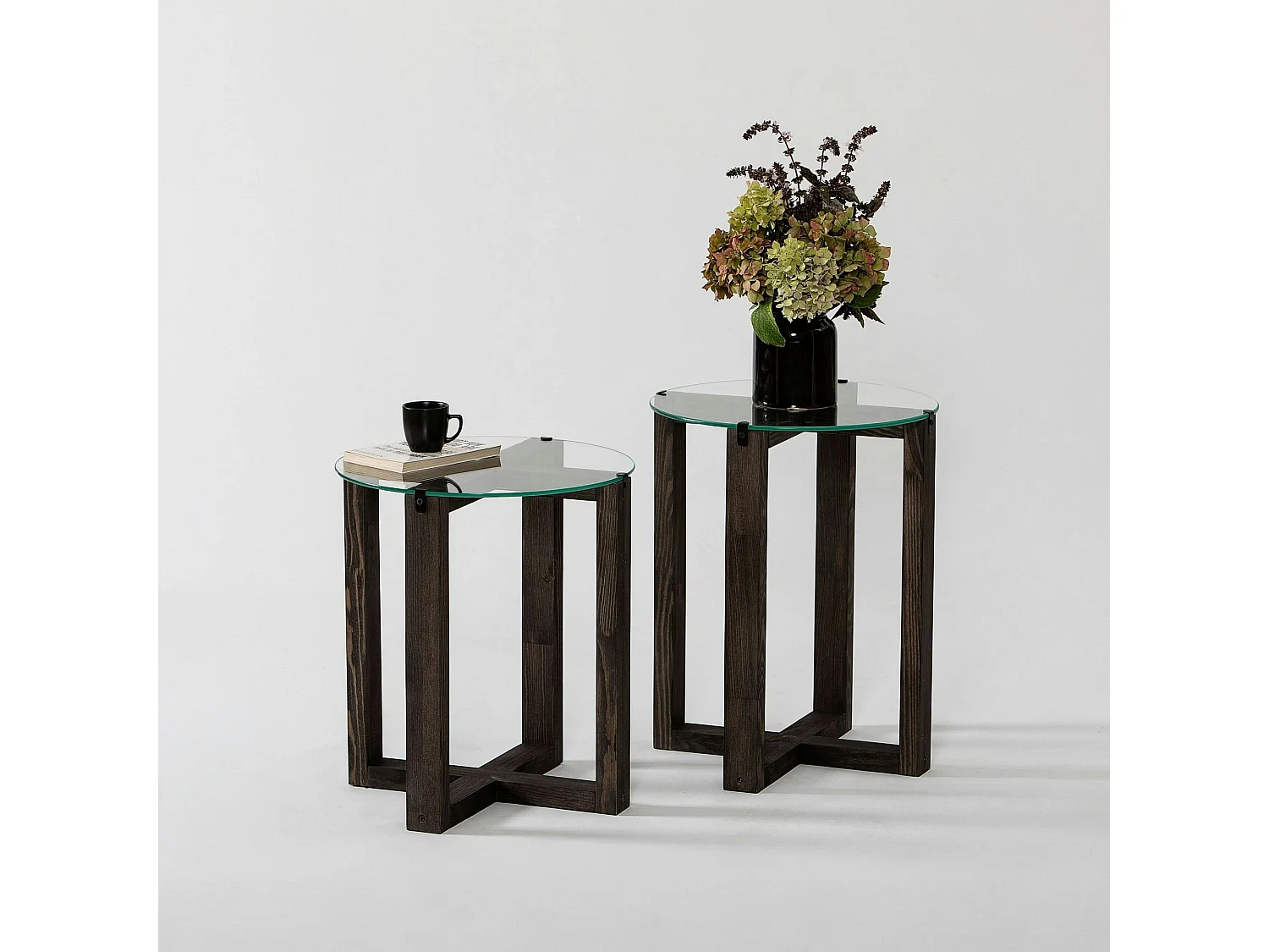 Table gigogne ronde - verre et bois gris (lot de 2) ANZIO