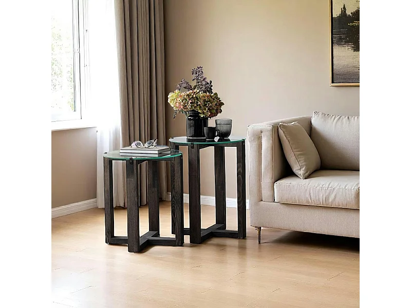 Table gigogne ronde - verre et bois gris (lot de 2) ANZIO