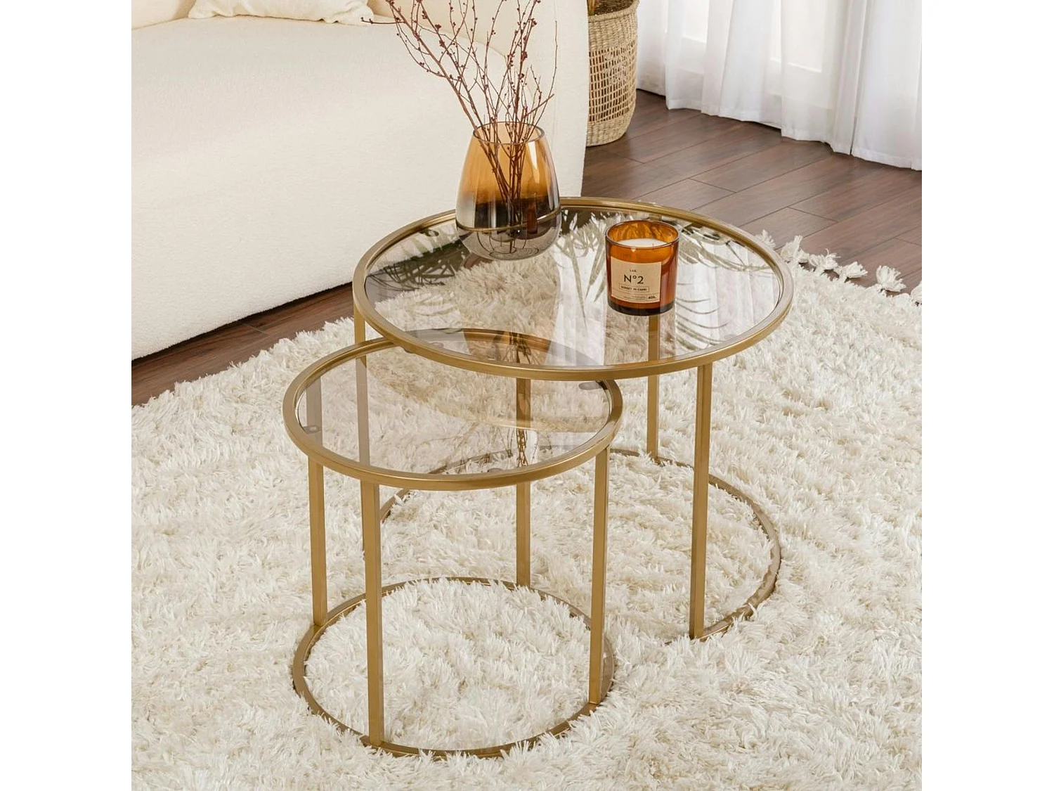 Table gigogne verre ambré - cadre doré (lot de 2) ⌀60 cm TULUM