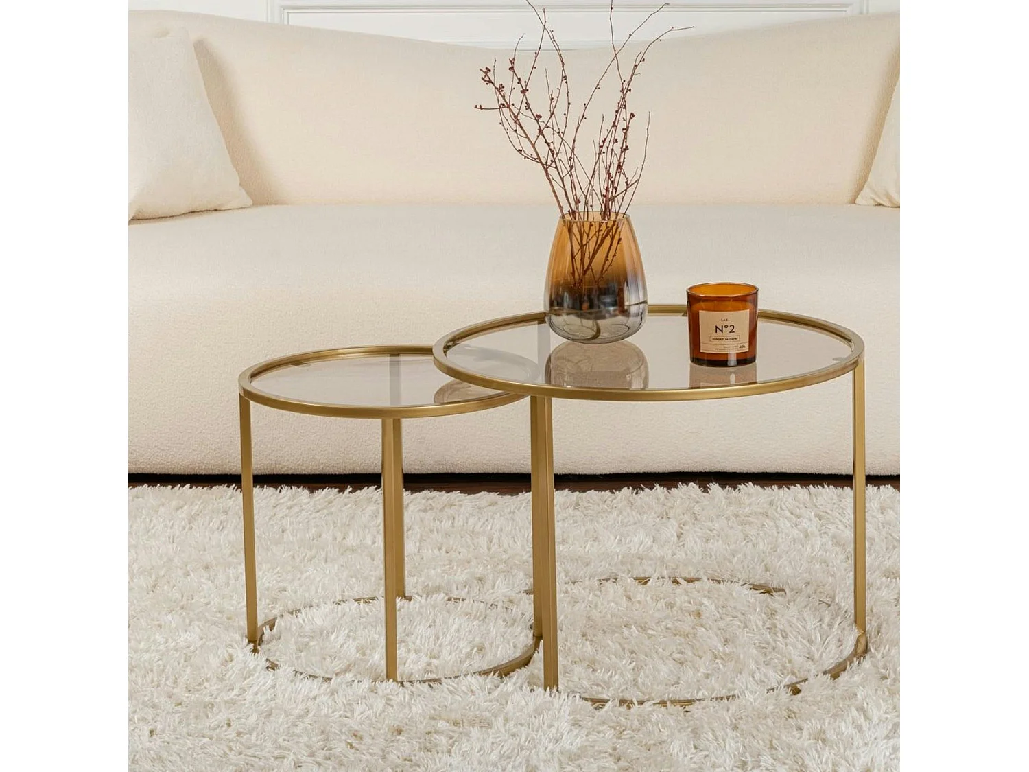 Table gigogne verre ambré - cadre doré (lot de 2) ⌀60 cm TULUM