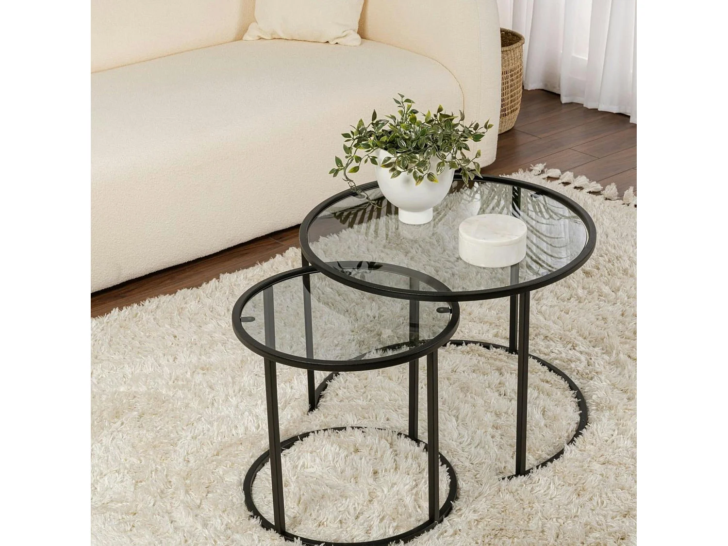 Table gigogne verre fumé - cadre noir (lot de 2) ⌀60 cm TULUM