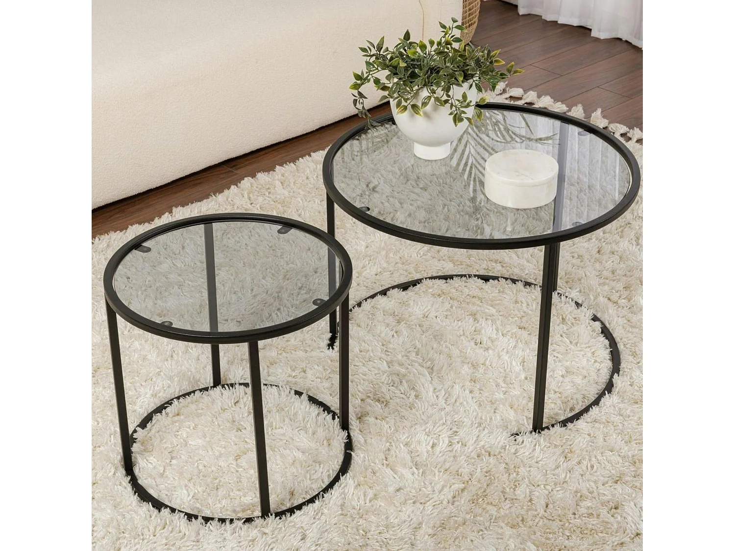 Table gigogne verre fumé - cadre noir (lot de 2) ⌀60 cm TULUM