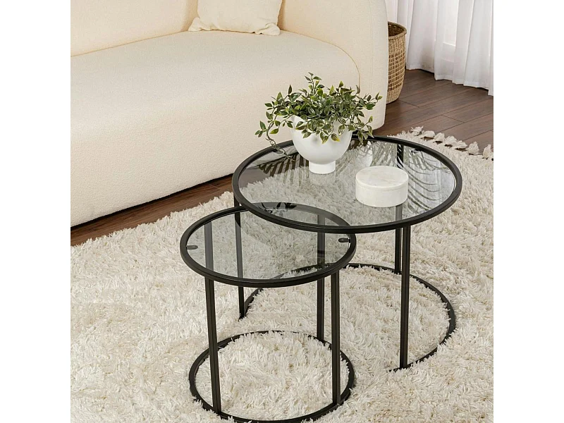 Table gigogne verre fumé - cadre noir (lot de 2) ⌀60 cm TULUM
