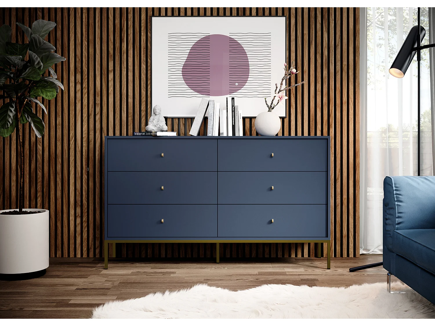 Commode : bleu marine, 154 x 83 x 39 cm, pieds dorées