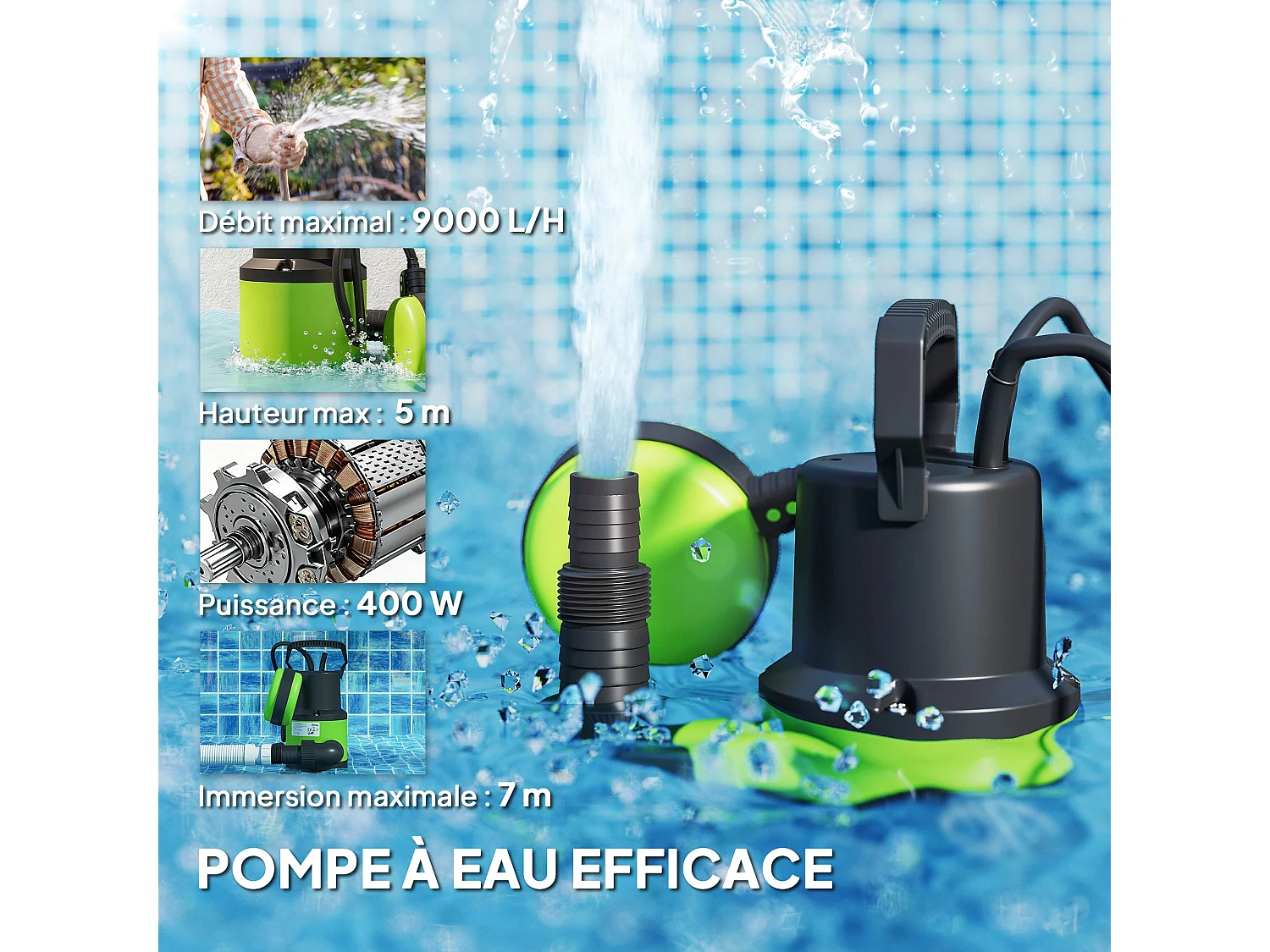Pompe d'évacuation eau chargée 9000l/h 400W profondeur d'immersion 7m vert noir