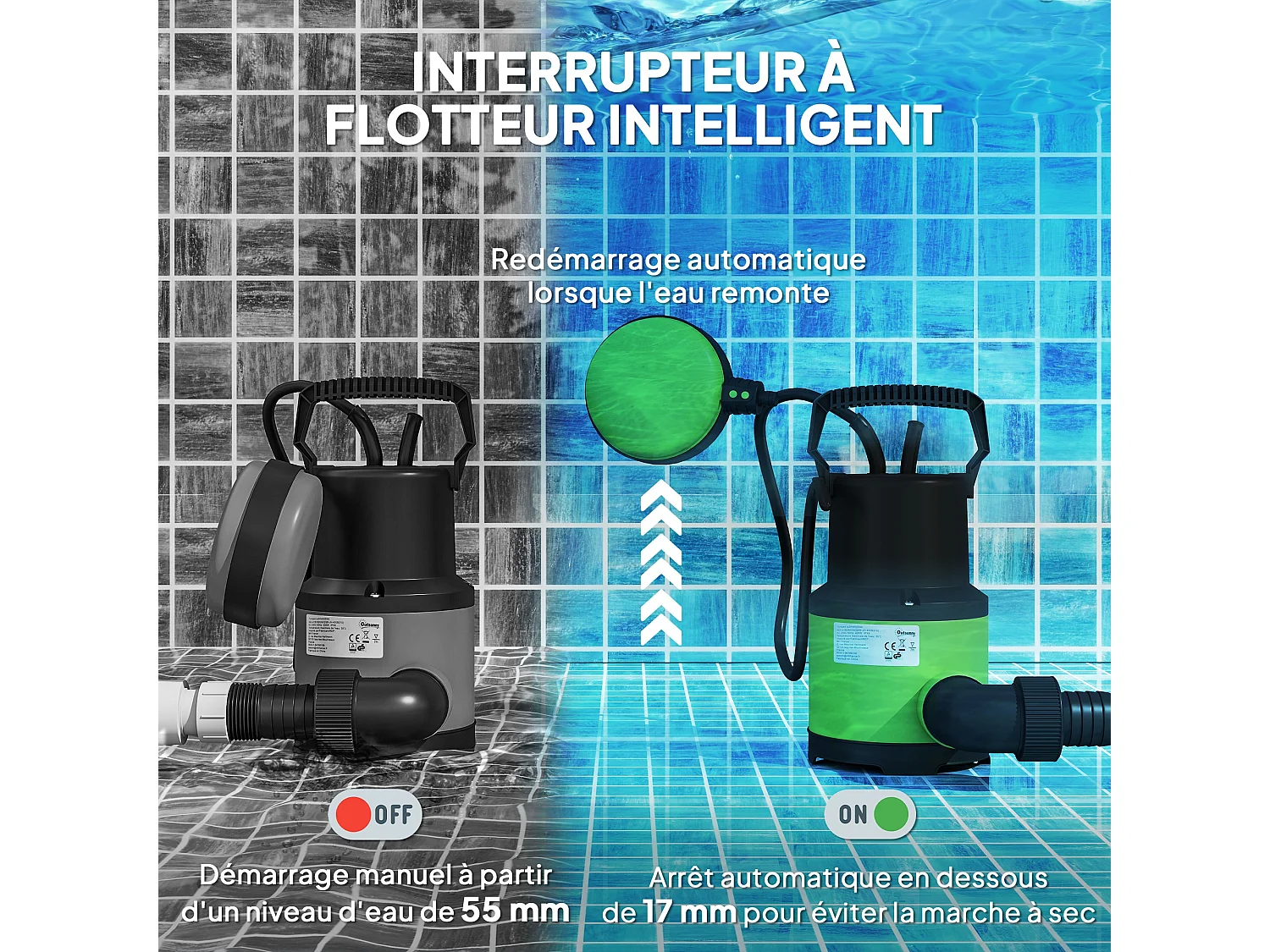 Pompe d'évacuation eau chargée 9000l/h 400W profondeur d'immersion 7m vert noir