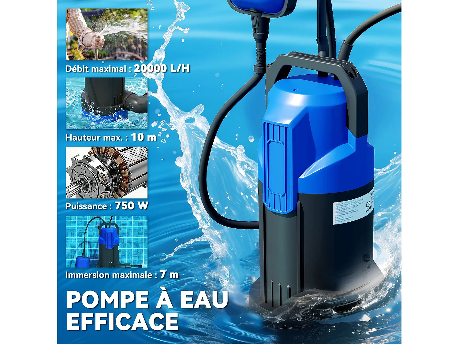 Pompe d'évacuation eau chargée 20000l/h 750W profondeur d'immersion 7m bleu noir