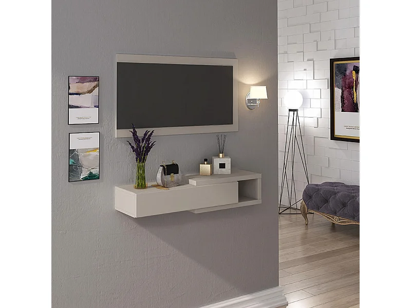 Recibidor con Cajón y Espejo – Consola de Entrada Color Beige 91,5 x 26 x 70 cm – Mueble Auxiliar Moderno y Funcional para Pasillos o Entradas