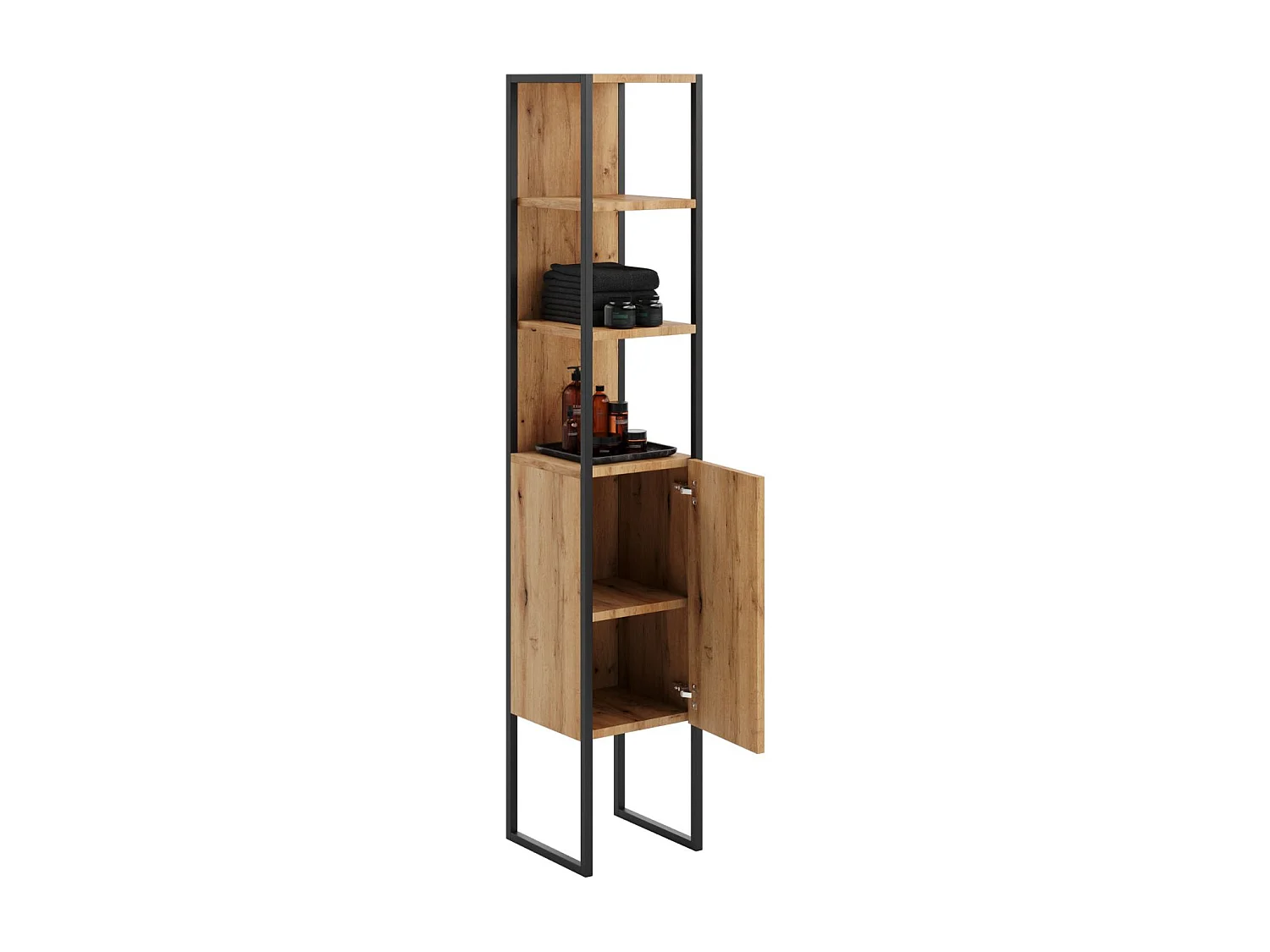 Columna de Baño de Pie 180x33x33 cm Roble Artesanal y Negro – Diseño Vertical con Estantes Cerrados, Estilo Moderno e Industrial