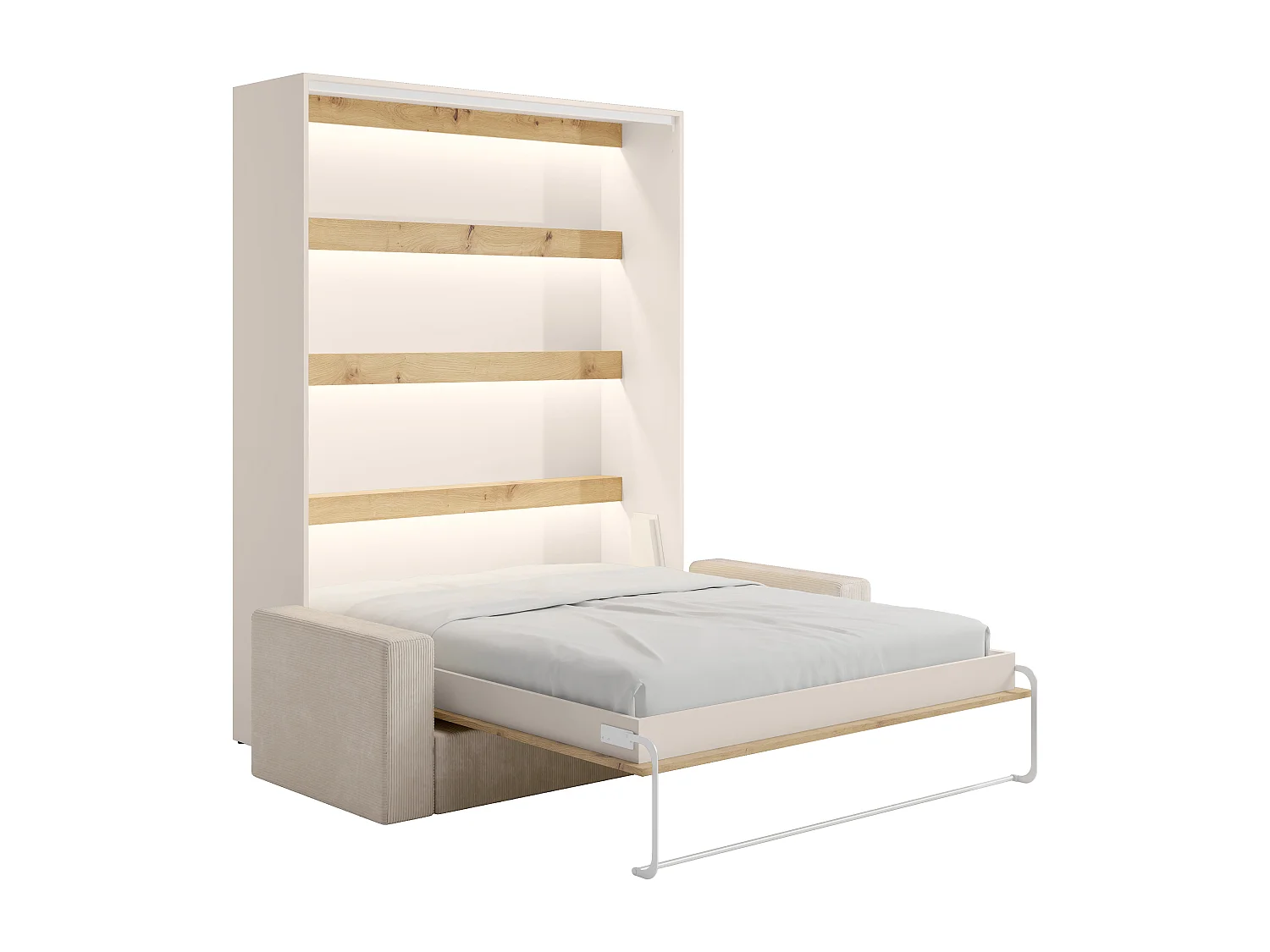 Lit escamotable 160 x 200 cm - Ouverture verticale manuelle - Avec LEDs - Beige et naturel + Canapé - RAPILI
