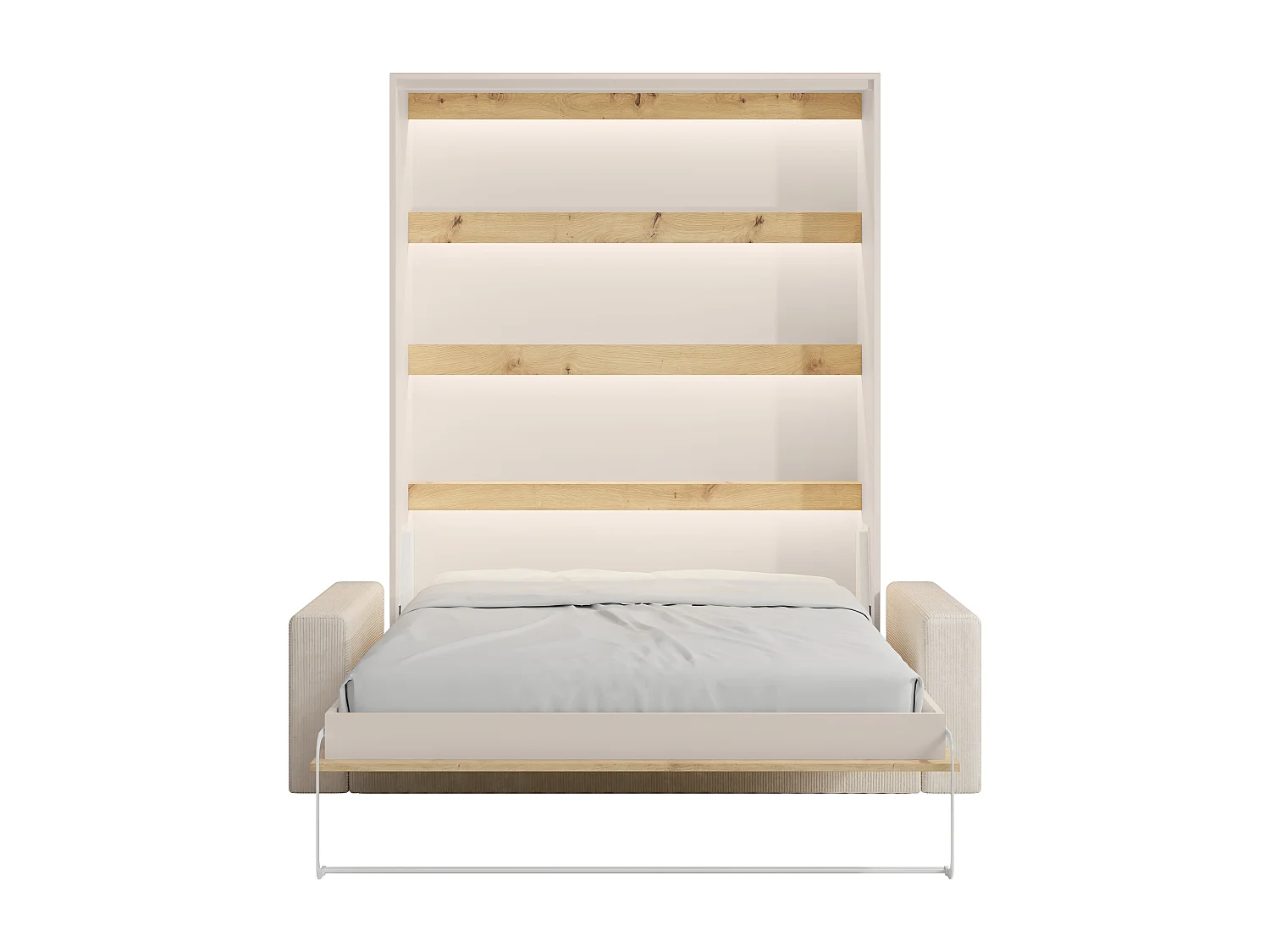 Lit escamotable 160 x 200 cm - Ouverture verticale manuelle - Avec LEDs - Beige et naturel + Canapé - RAPILI