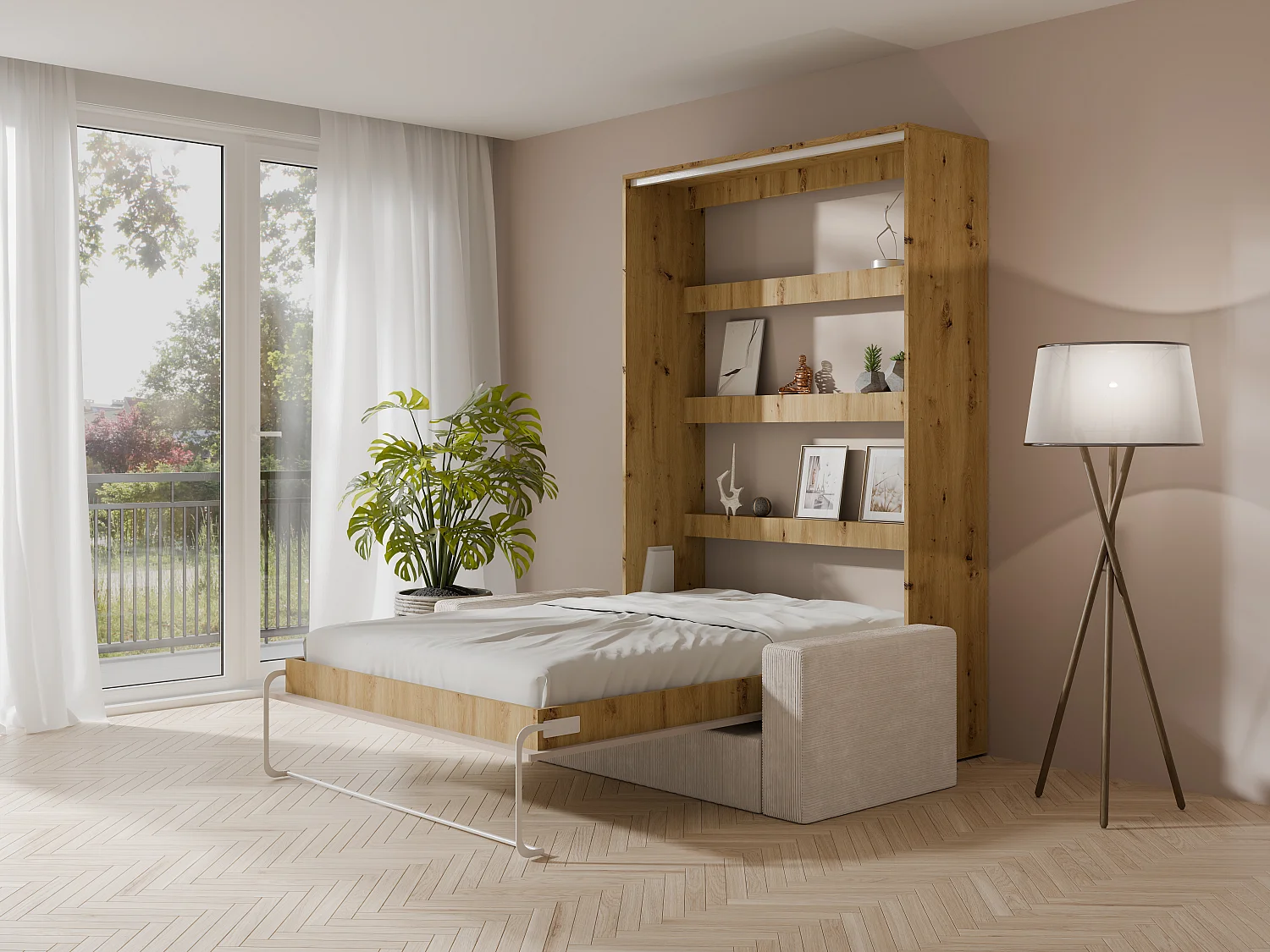 Cama rebatível 160 x 200 cm - Abertura vertical manual - Com LEDs - Bege e natural + Sofá em veludo canelado bege - RAPILI