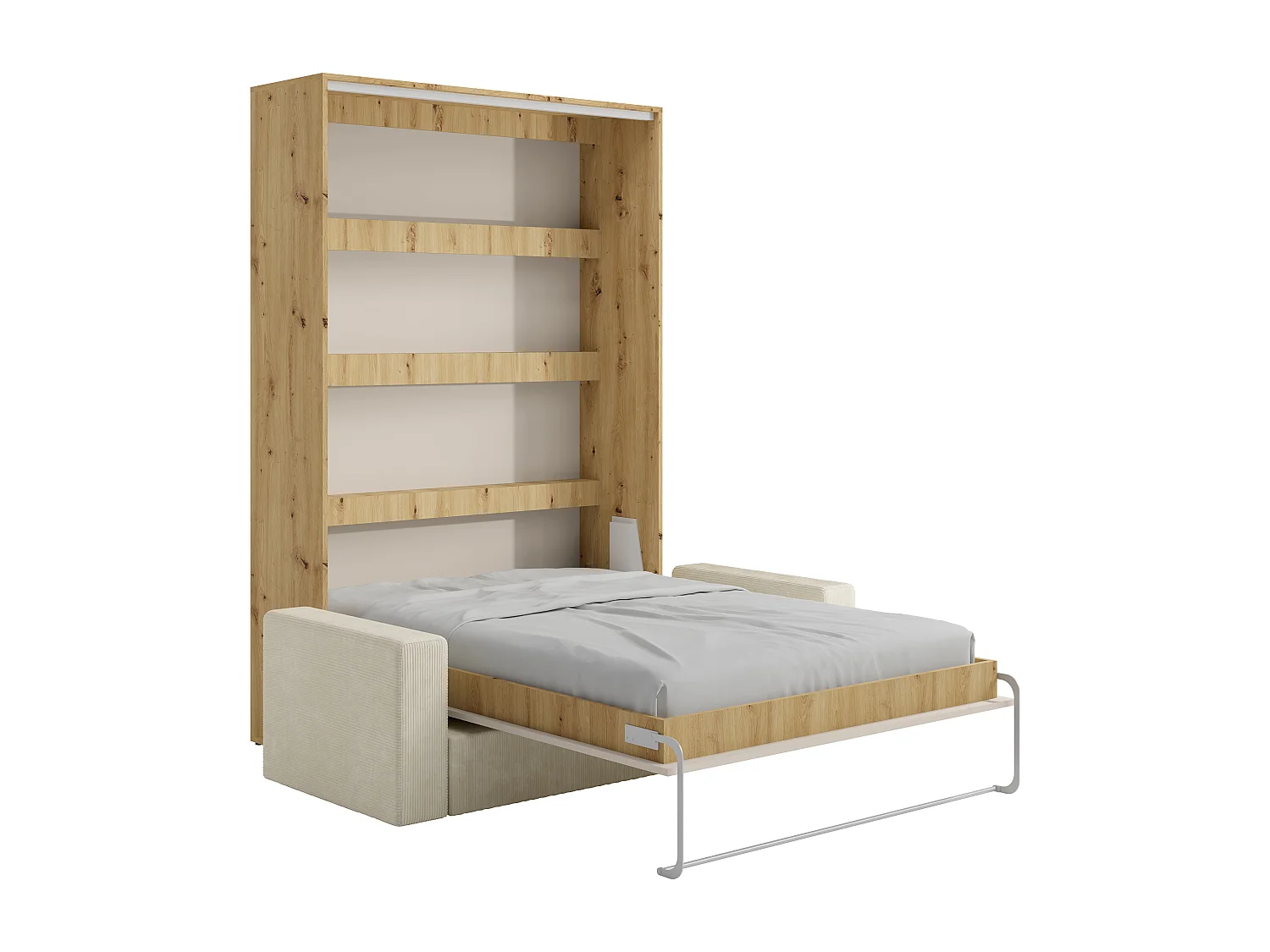 Cama rebatível 160 x 200 cm - Abertura vertical manual - Com LEDs - Bege e natural + Sofá em veludo canelado bege - RAPILI