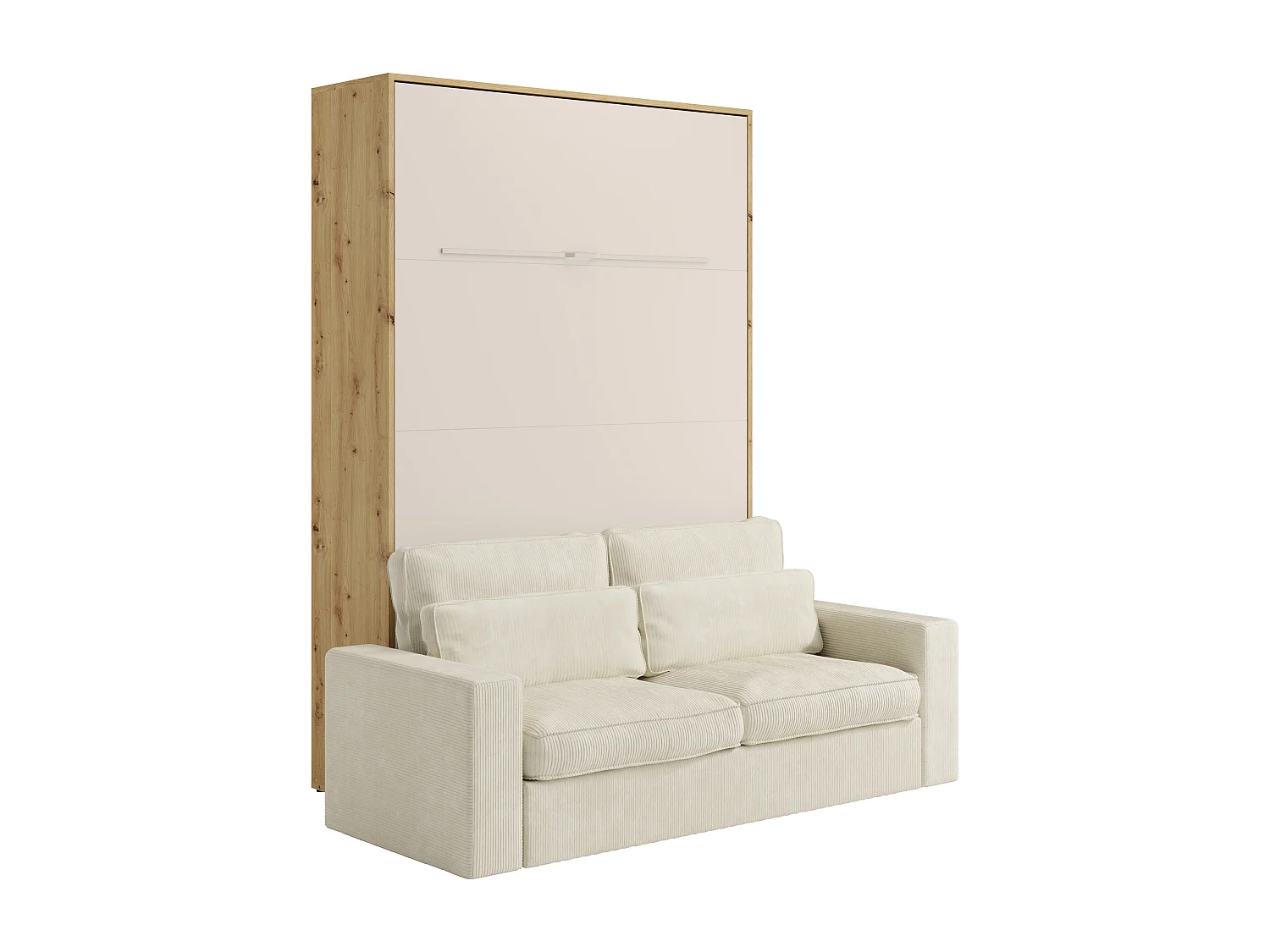 Cama rebatível 160 x 200 cm - Abertura vertical manual - Com LEDs - Bege e natural + Sofá em veludo canelado bege - RAPILI