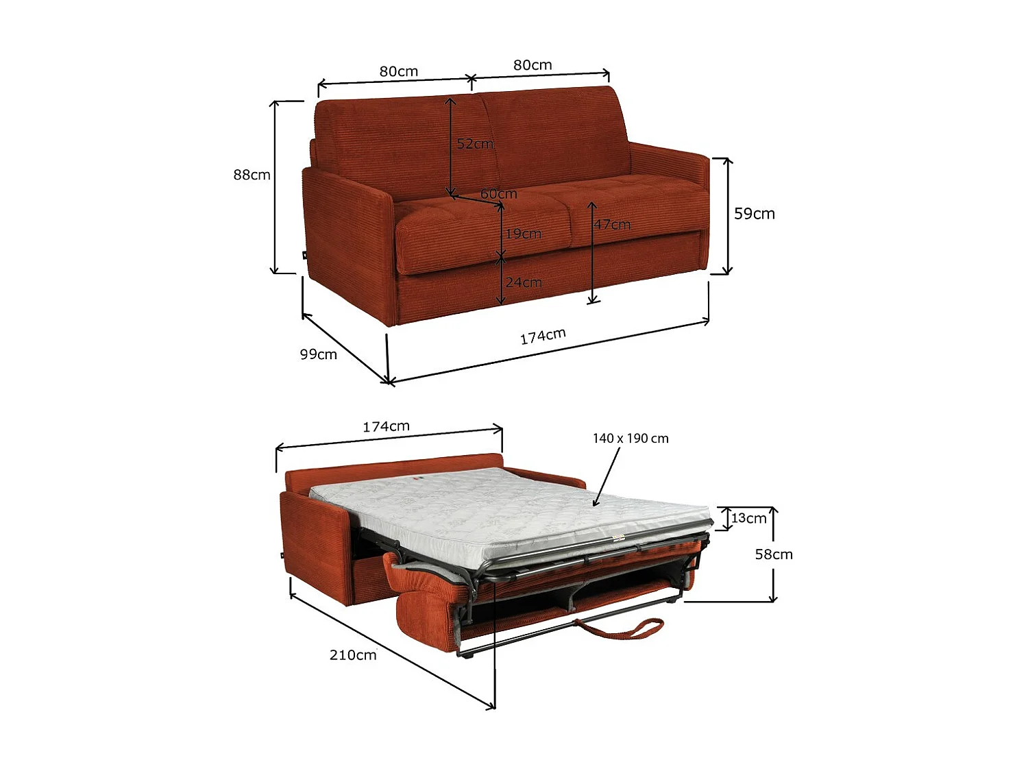 Canapé convertible express 3 places BERGAME en velours / Terracotta