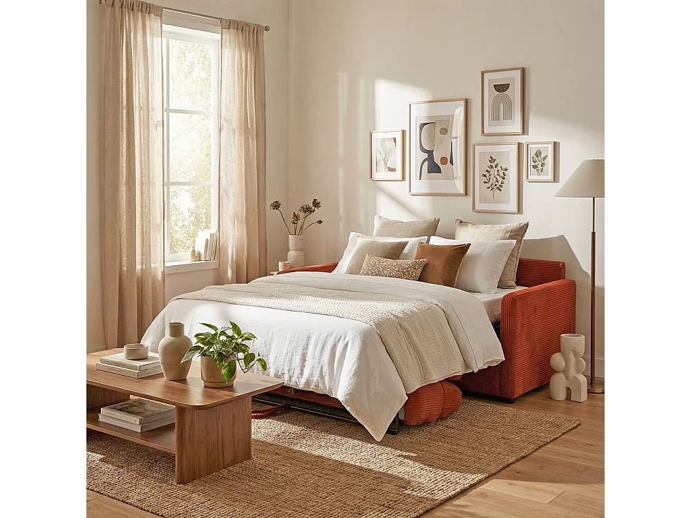 Canapé convertible express 3 places BERGAME en velours / Terracotta