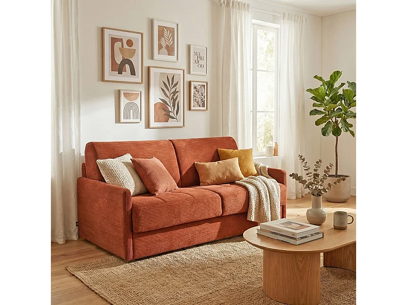 Canapé convertible express 3 places BERGAME en velours / Terracotta