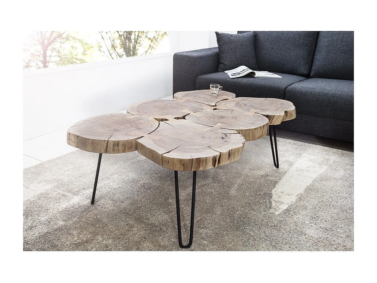 Table basse NOMA rectangulaire 110 cm en bois massif d'acacia – Table basse design avec pieds en métal