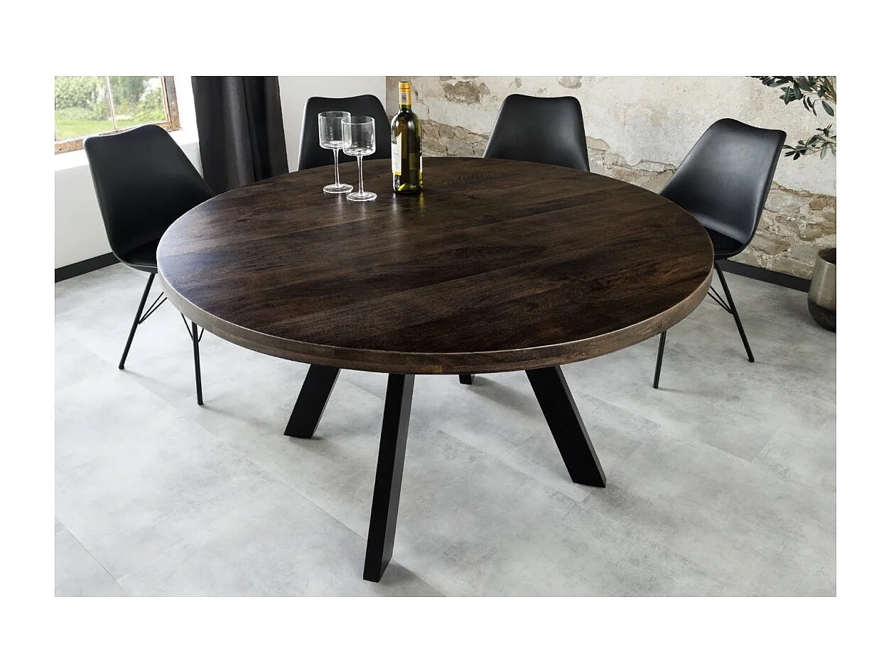 Table de salle à manger LODEN ronde 120 cm – Table industrielle en bois massif de manguier et métal