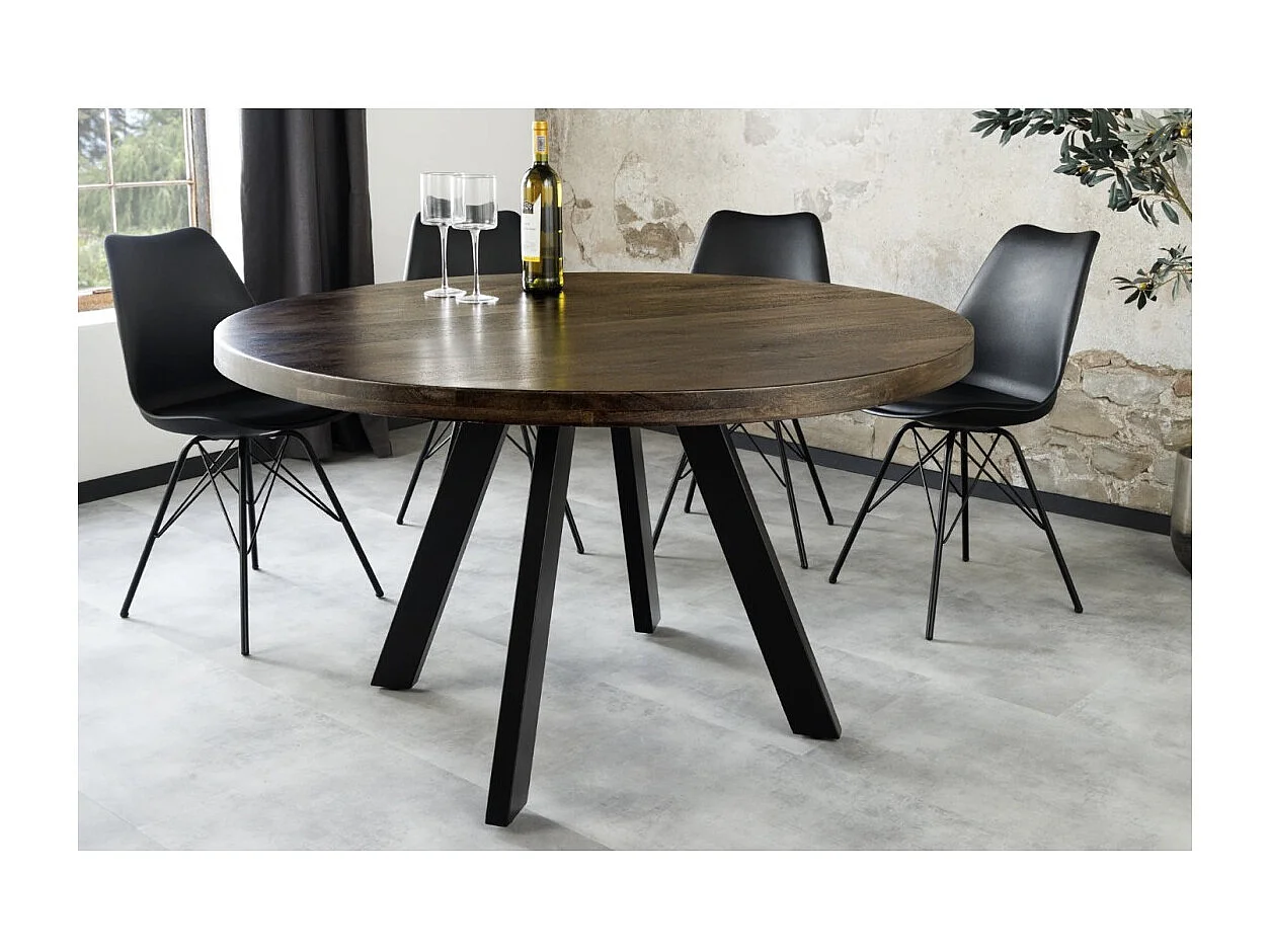 Table de salle à manger LODEN ronde 120 cm – Table industrielle en bois massif de manguier et métal