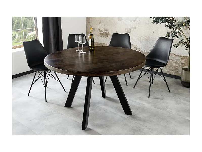 Table de salle à manger LODEN ronde 120 cm – Table industrielle en bois massif de manguier et métal