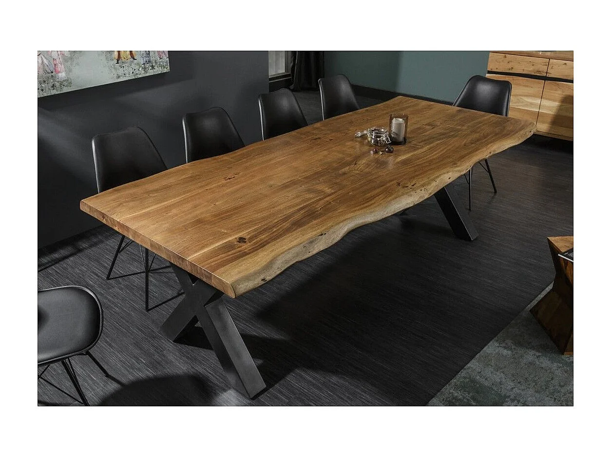Table ARKAYA 200 cm – Plateau en bois massif d'acacia verni et pieds en métal noir en X