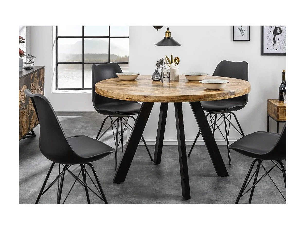 Table de salle à manger LODEN 120 cm – Plateau rond en bois massif de manguier et structure en métal noir