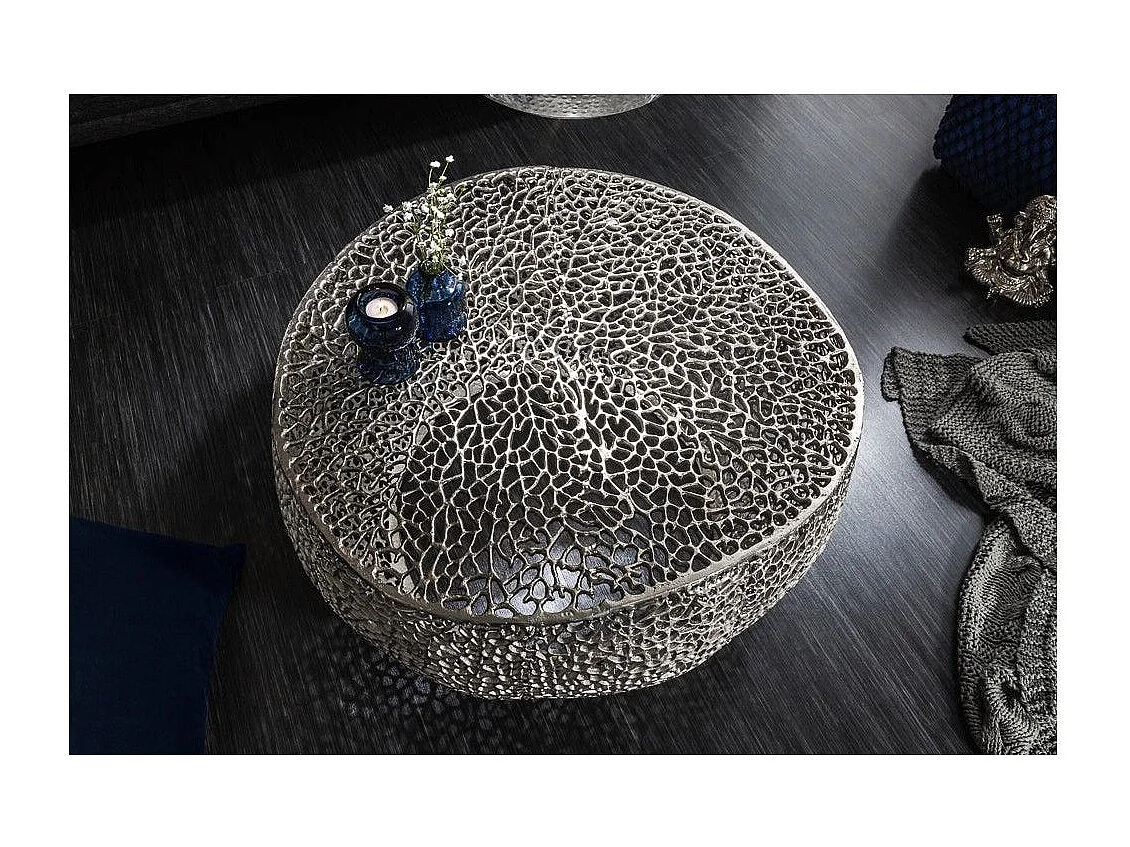 Table basse METRIX ronde argentée 80 cm – Table basse design en aluminium ajouré