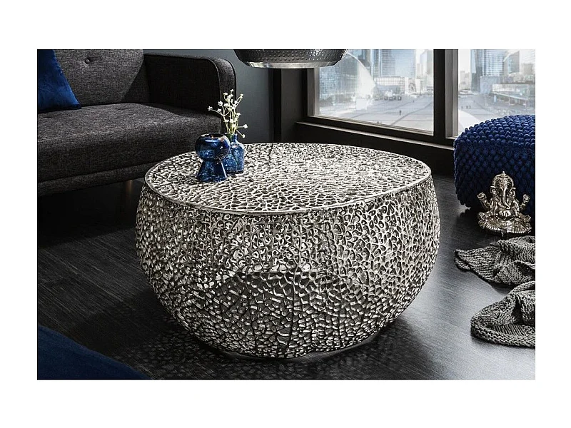 Table basse METRIX ronde argentée 80 cm – Table basse design en aluminium ajouré