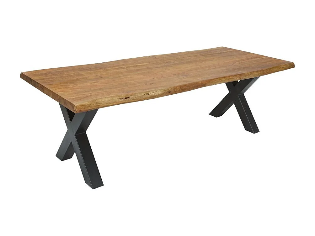 Table de salle à manger ARKAYA 240 cm – Plateau en bois massif d'acacia verni et pieds en métal noir en X - Meublorama, des meubles à petit prix.