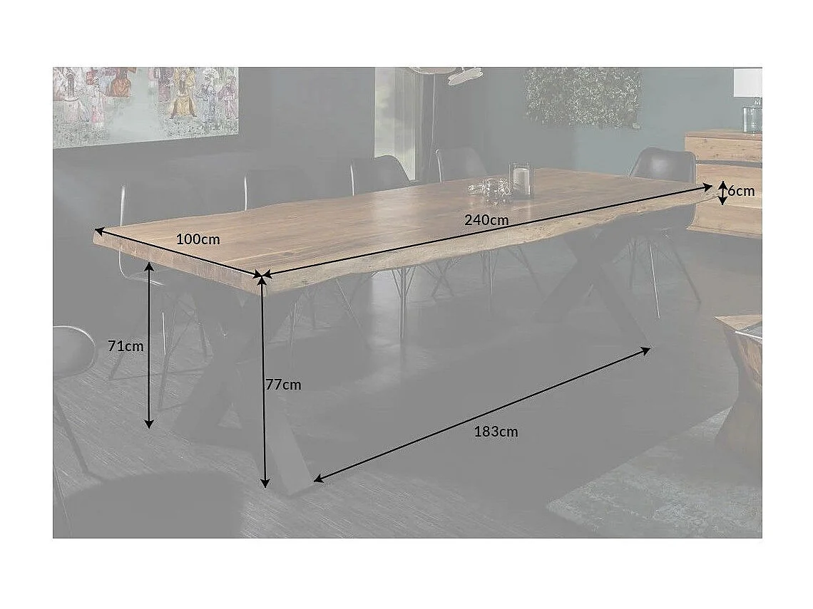 Table de salle à manger ARKAYA 240 cm – Plateau en bois massif d'acacia verni et pieds en métal noir en X - Meublorama, des meubles à petit prix.
