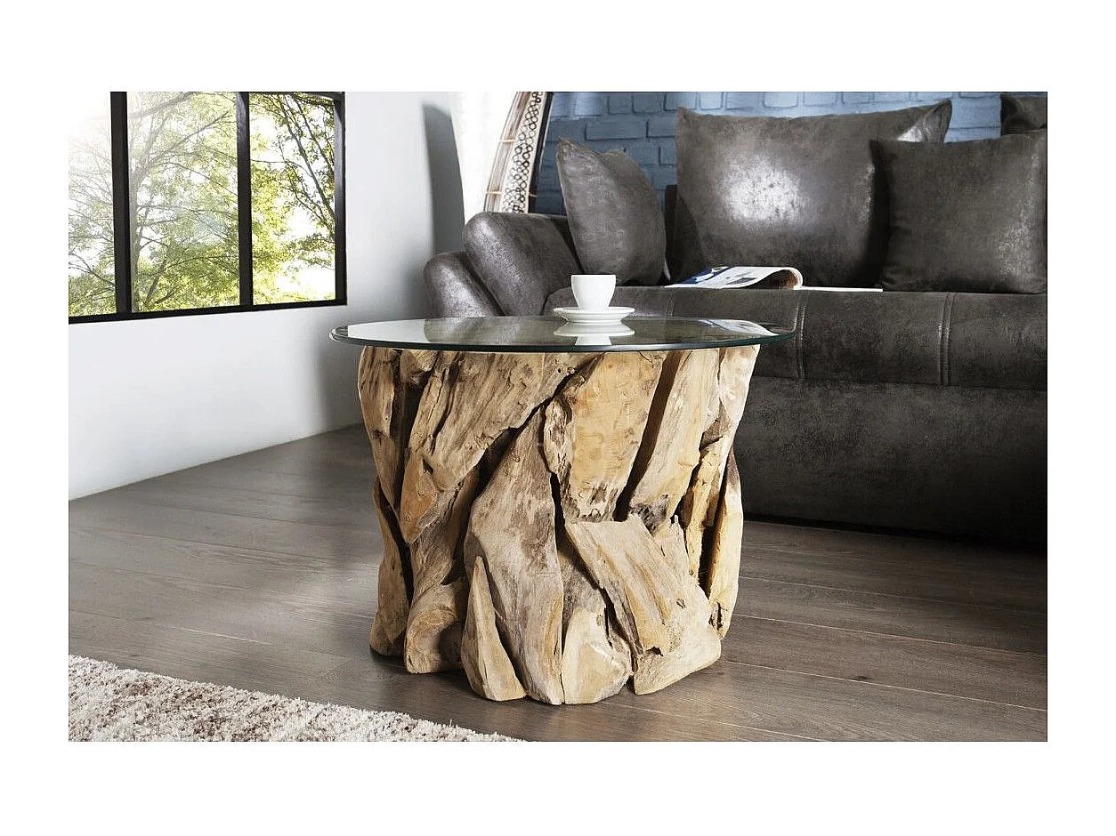 Table basse ronde ARBOREA 60 cm – Table basse en bois flotté avec plateau en verre trempé