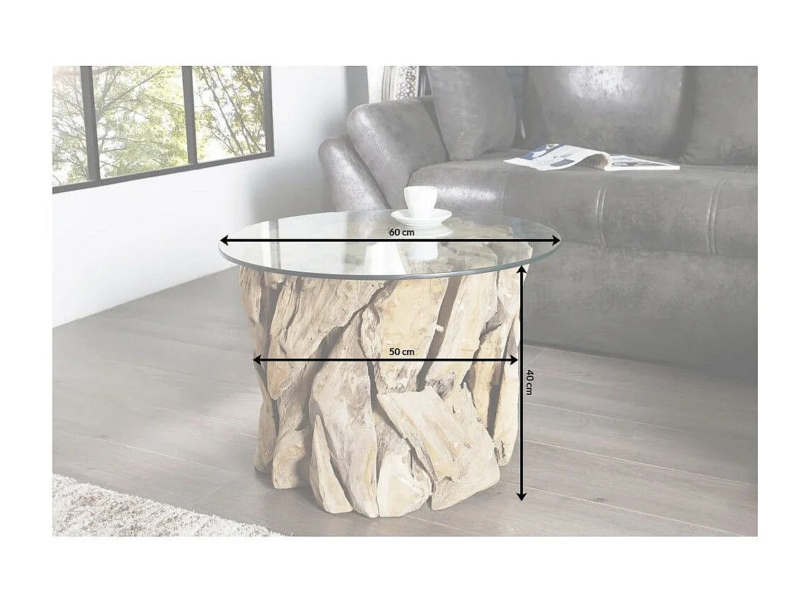 Table basse ronde ARBOREA 60 cm – Table basse en bois flotté avec plateau en verre trempé