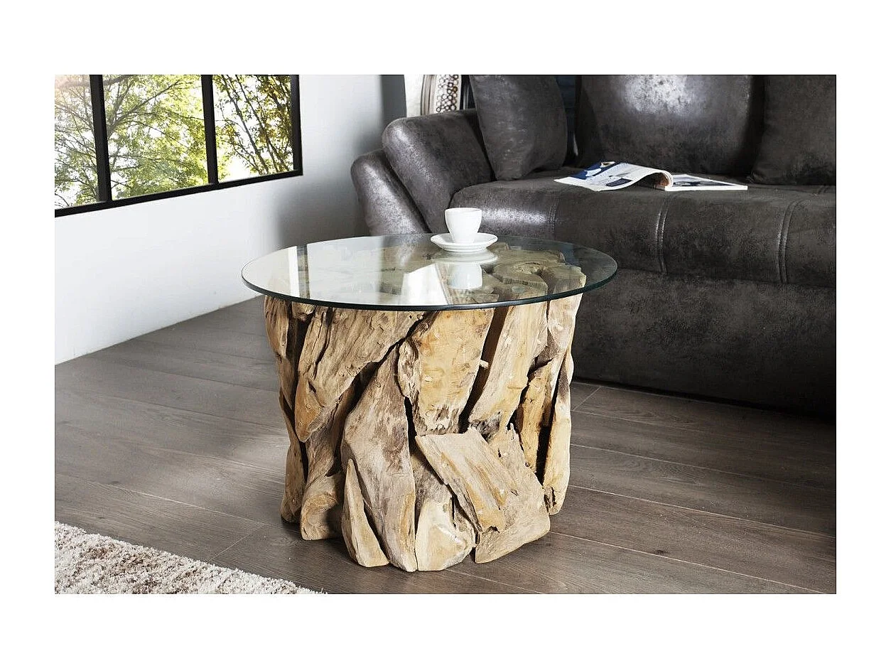 Table basse ronde ARBOREA 60 cm – Table basse en bois flotté avec plateau en verre trempé
